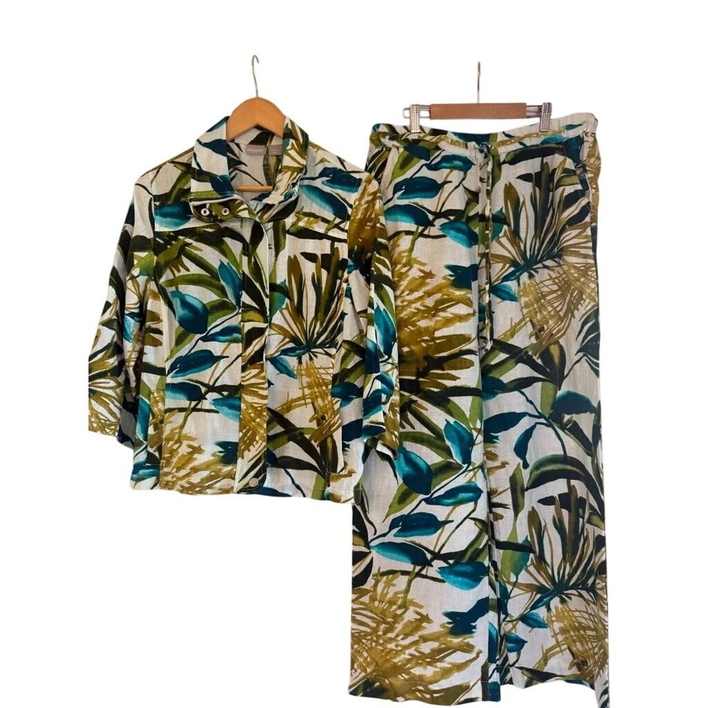 Chicos Linen Pant Set NWT 1 1.5R 8 10 Tropical Leaf Wide Leg Jacket 2pc Suit